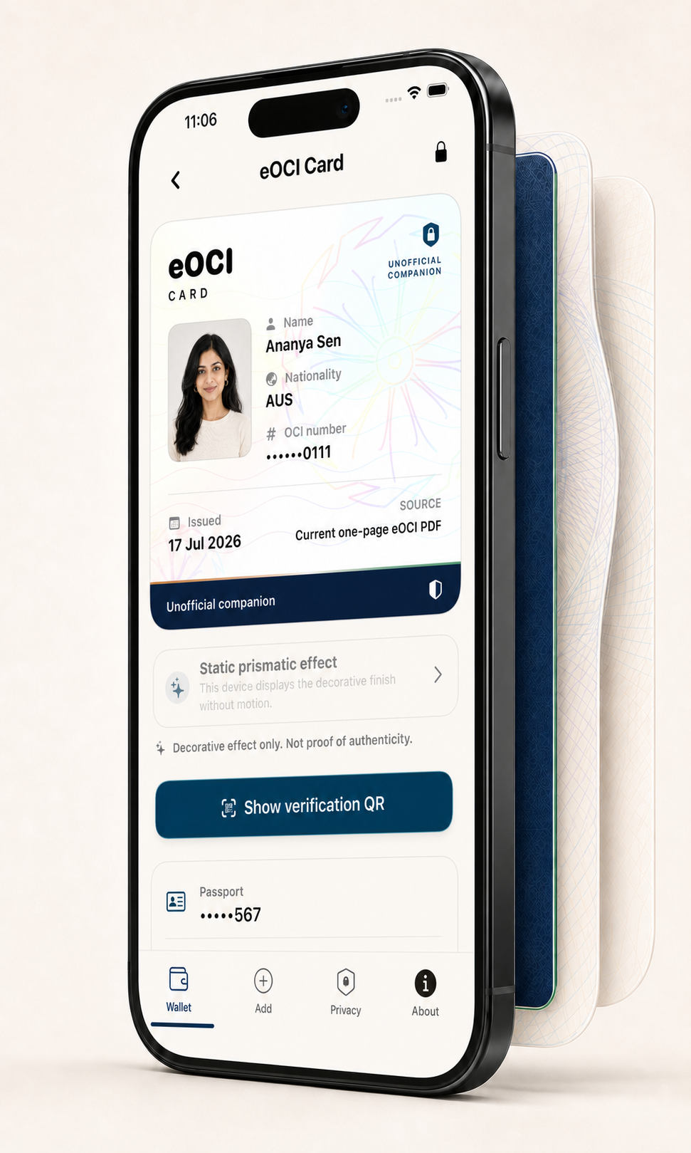 Three-quarter iPhone render showing the current eOCI Vault light-mode card for fictional Ananya Sen