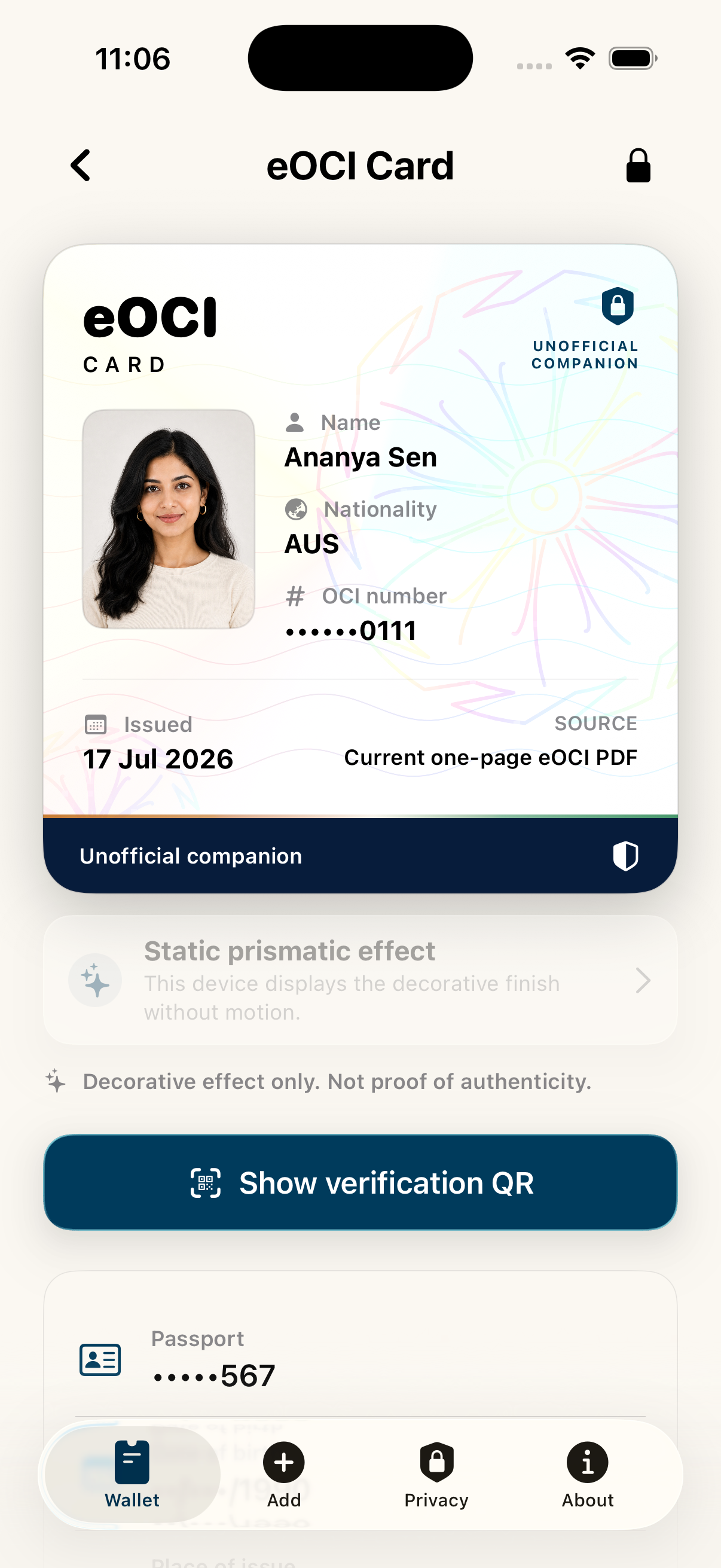 Current eOCI Vault card detail showing fictional Ananya Sen data in light mode