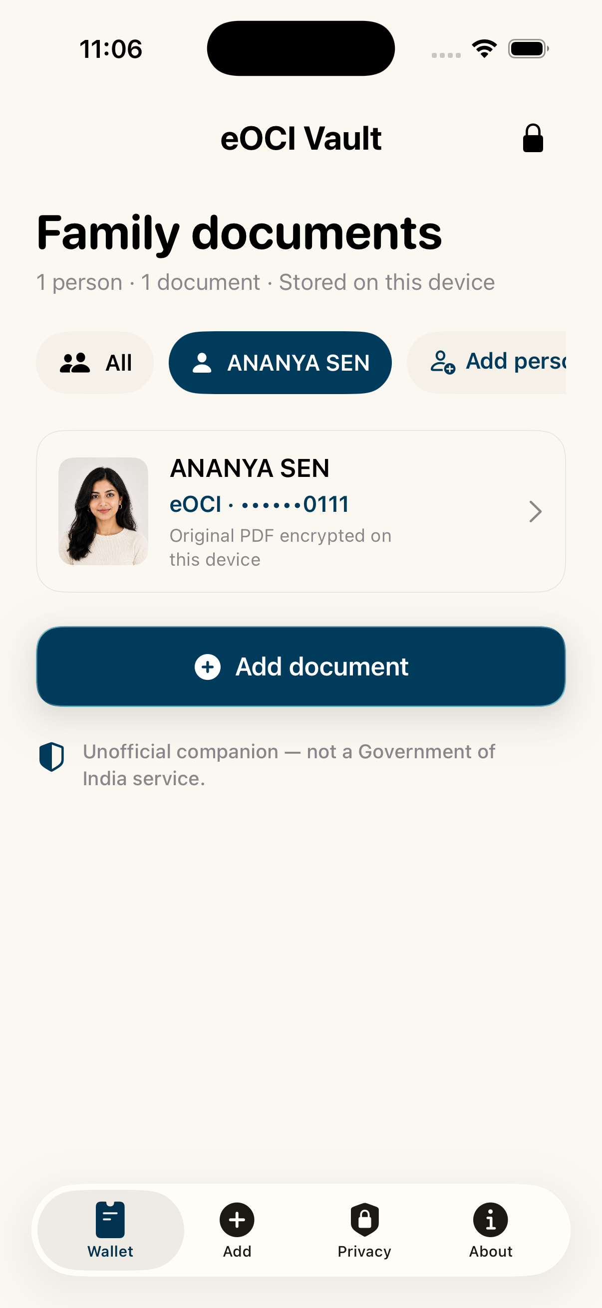 Current eOCI Vault family wallet showing fictional Ananya Sen data in light mode