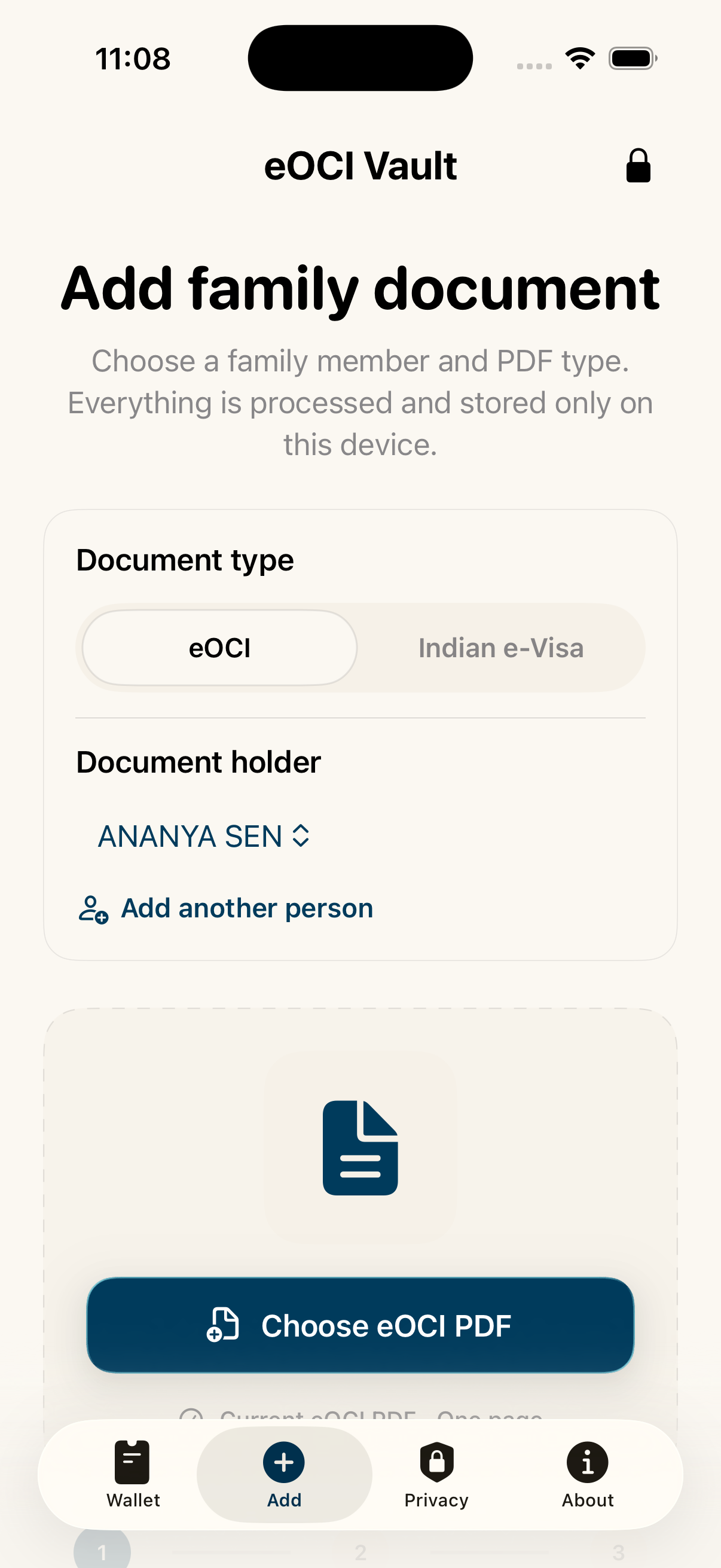 Current eOCI Vault local PDF import screen for fictional Ananya Sen