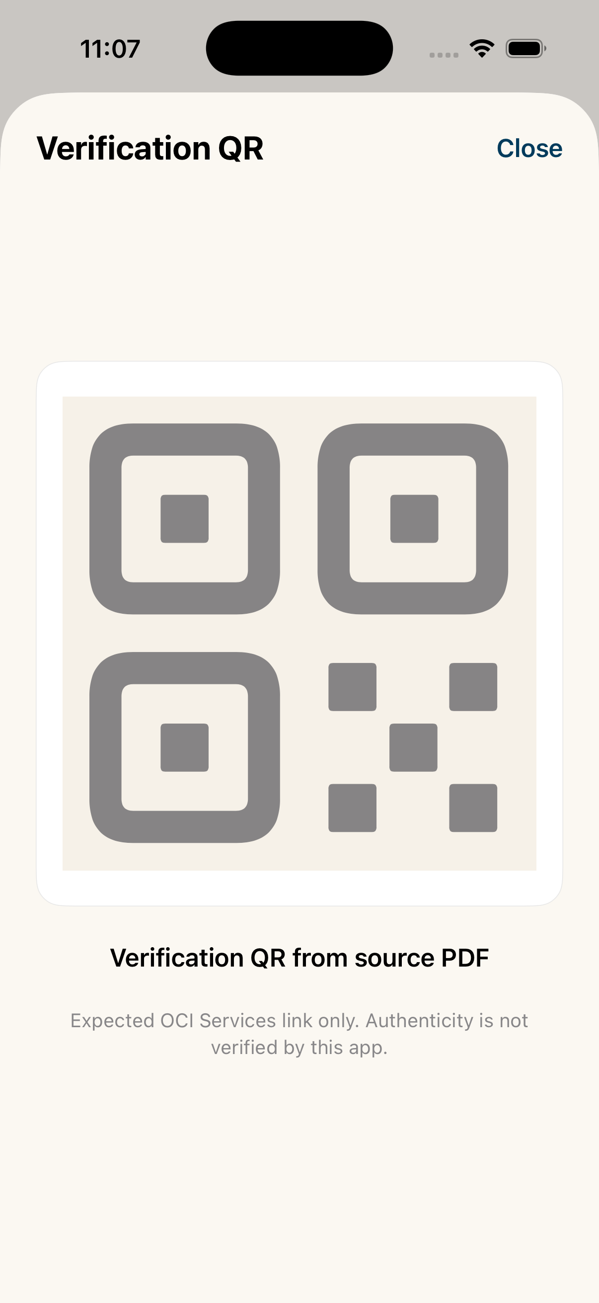 Current light-mode source QR presentation screen in eOCI Vault